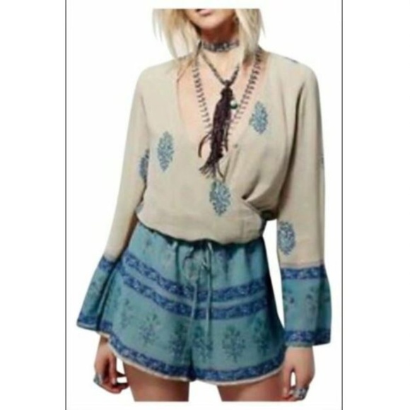 Free People Pants - Free People Beige Blue Janpath Romper S Boho